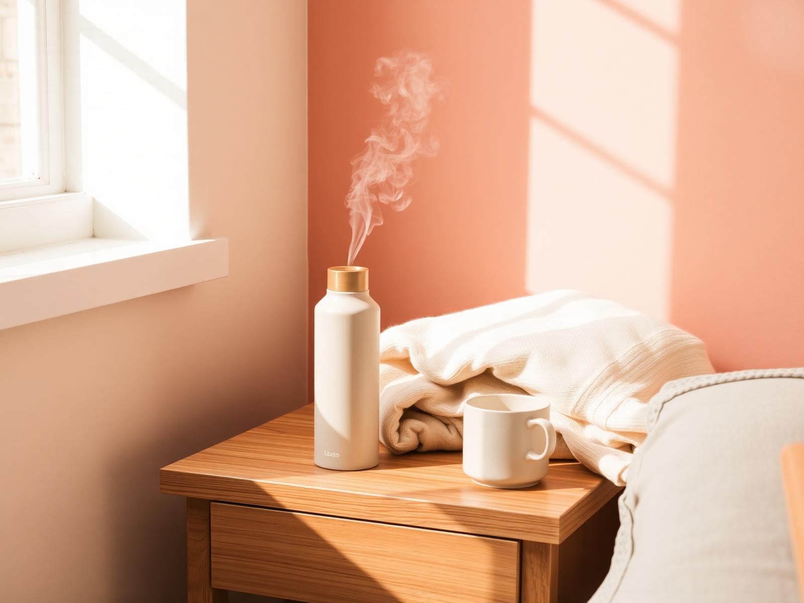 Warm sunlit corner with a diffuser, folded throw and cream bottle